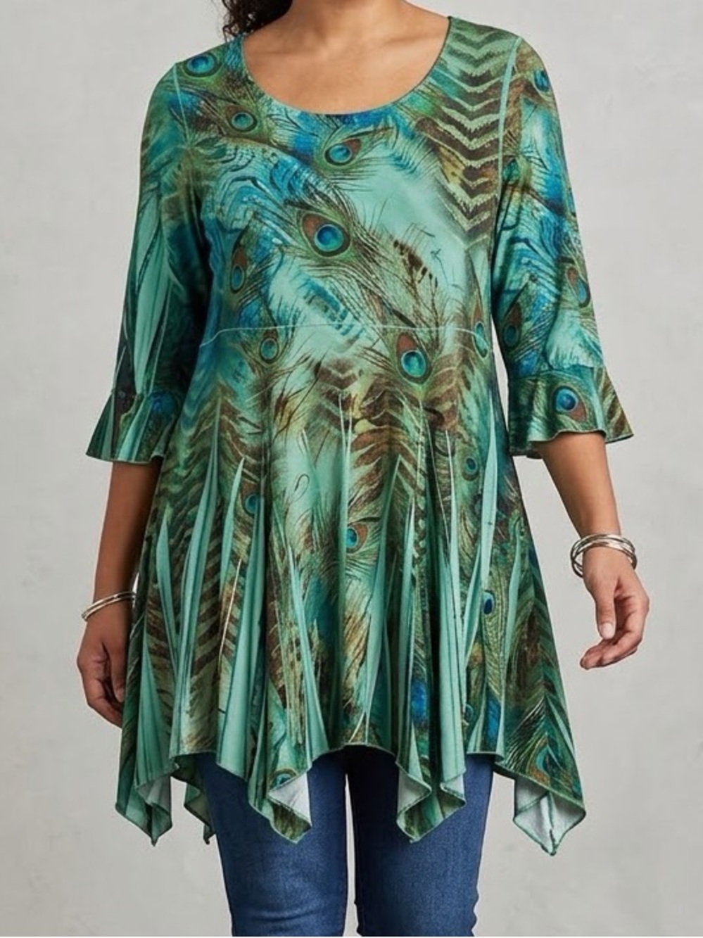 Vtg REINA Peacock Feather Tunic Top Dress Art To Wear Mermaidcore Boho⁠ Size 3